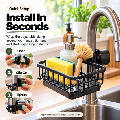 🧽✨Faucet-Mounted Kitchen Sink Organizer – Adjustable No-Drill Sponge & Brush Holder with Removable Drip Tray, Space-Saving Storage Caddy