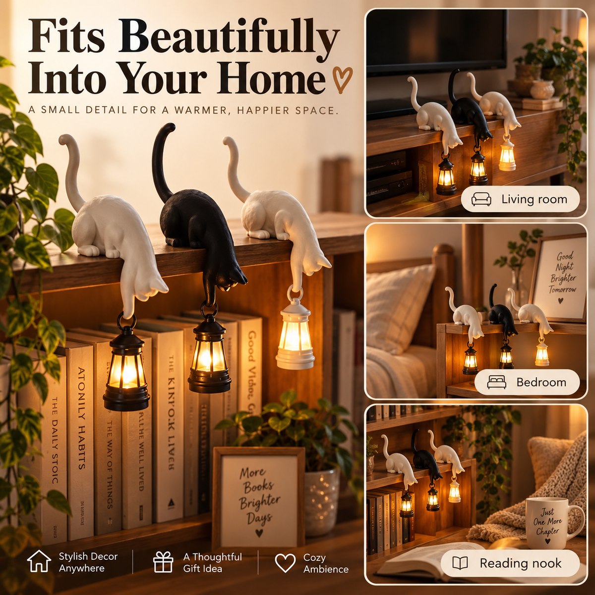 🐱 Cat Shelf Lantern Decor – Whimsical Hanging Light & Key Holder for Cozy Home Spaces
