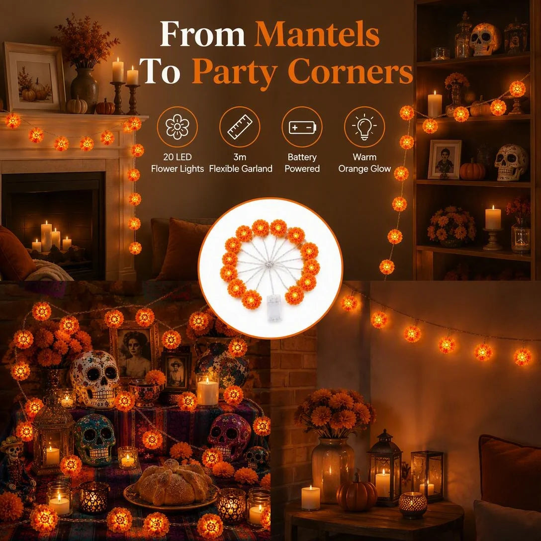 Marigold LED Memorial String Lights – 20 Glowing Flowers for Ofrendas & Remembrance