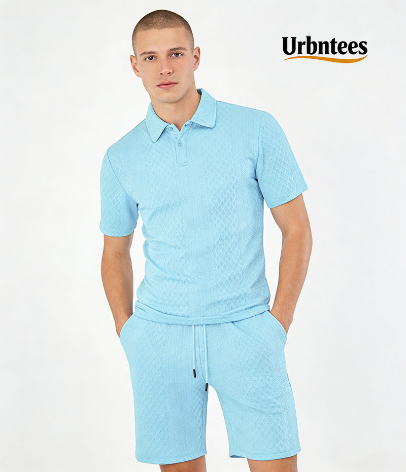 Men's Solid Polo Shirt & Drawstring Waist Shorts Set, Cozy Breathable Two-piece Outfits
