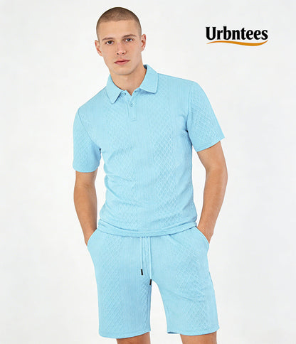 Men's Solid Polo Shirt & Drawstring Waist Shorts Set, Cozy Breathable Two-piece Outfits