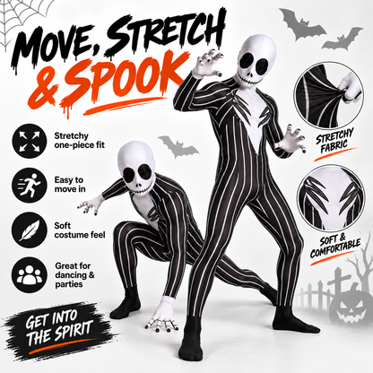 🎃 Full-Body Striped Skeleton Halloween Costume – Spooky Stretch Jumpsuit for Parties & Cosplay