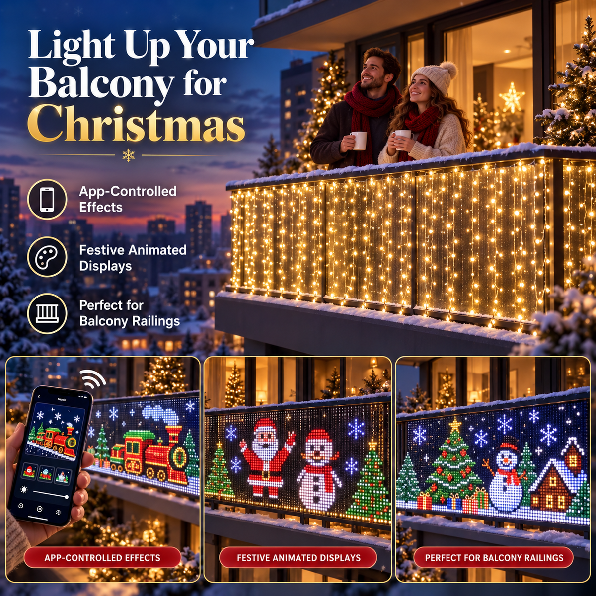 🎄 Smart RGB Pixel Curtain Lights – App-Controlled Animated Holiday Display for Balcony & Window Decor-2m*2m