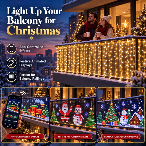 🎅 Smart RGB Pixel Curtain Lights – App-Controlled Animated Holiday Display for Balcony & Window Decor-1.6m*1.6m