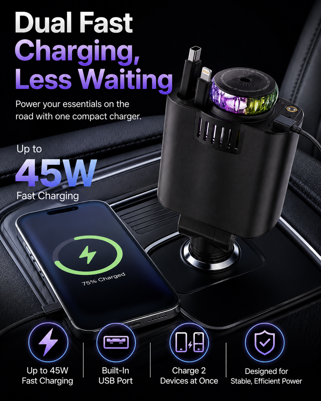 45W Retractable Car Charger | Dual Cable All-in-One Car Charger