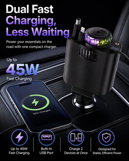 45W Retractable Car Charger | Dual Cable All-in-One Car Charger