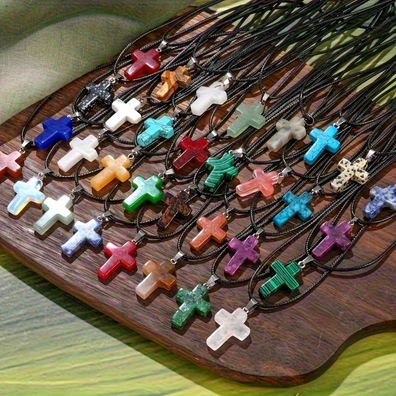 20pcs Natural Stone Cross Pendant Necklace Set