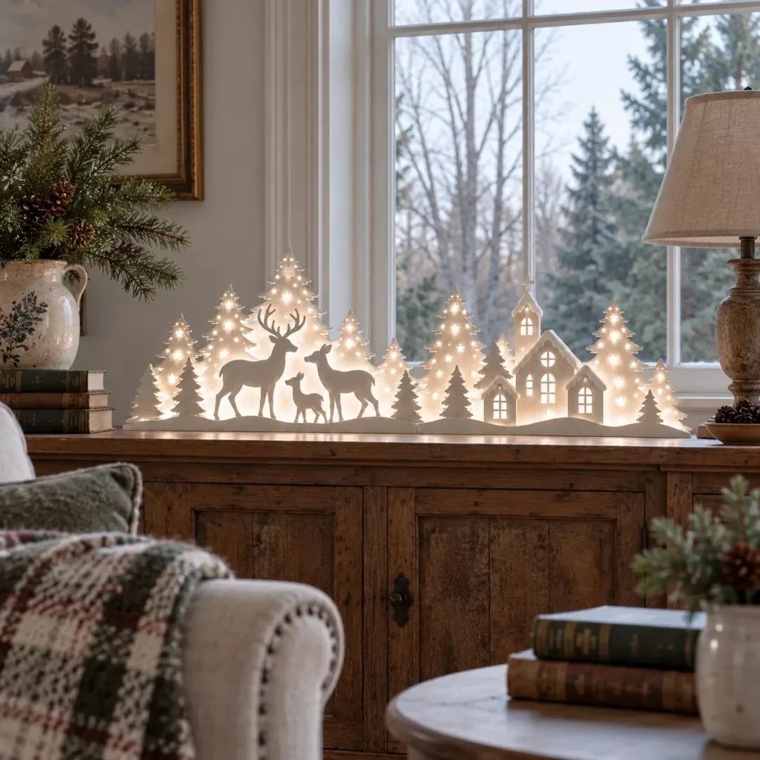 🔥🦌 LED Christmas Deer & Village Window Decor | 2-Piece Lighted Scene