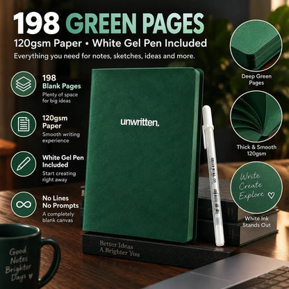 Deep Green Blank Notebook with White Gel Pen | Aesthetic Writing & Sketch Journal
