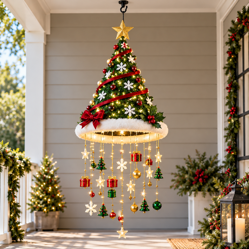 🎄 Lighted Hanging Christmas Tree Chandelier – Warm LED Holiday Porch & Entryway Décor ✨