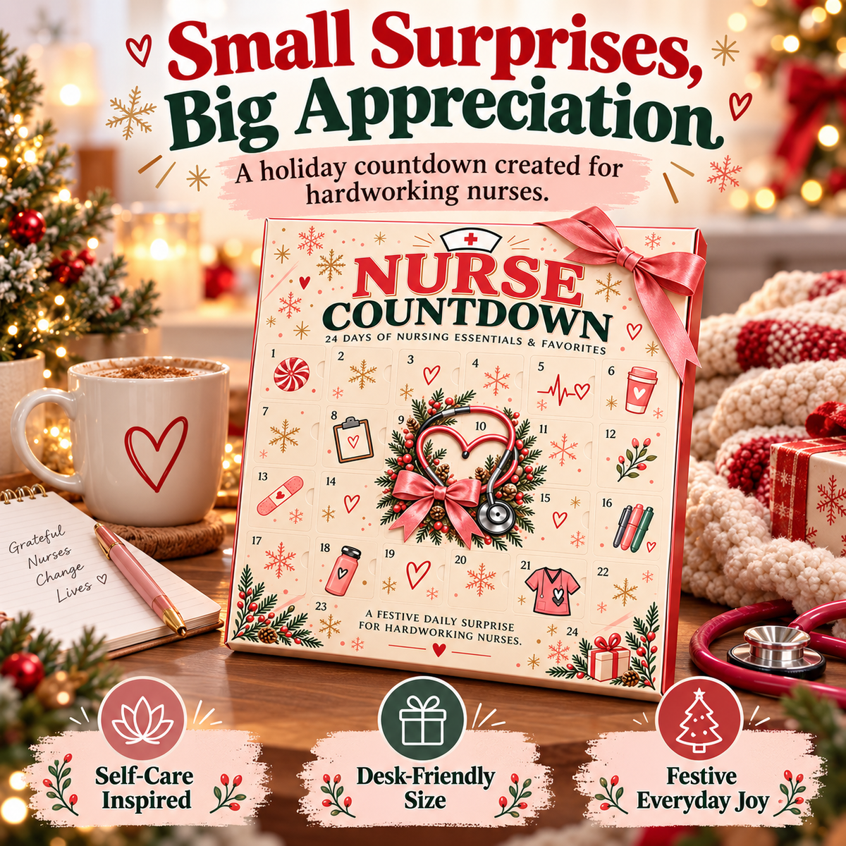 ❤️ CareHero™ 24-Day Advent Calendar – Heartfelt Holiday Countdown Gift for Nurses