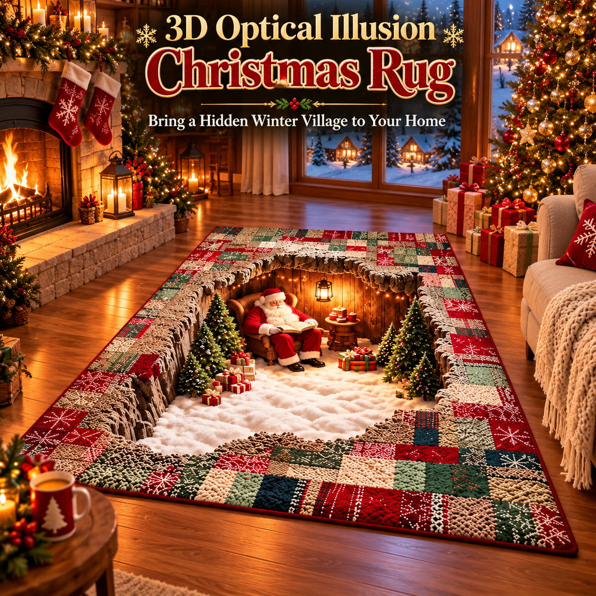 🔥HOT SALE🎅3D Optical Illusion Christmas Village Rug – Hidden Santa Winter Wonderland ✨
