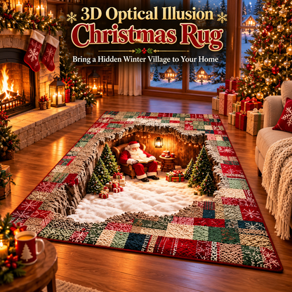 🔥HOT SALE🎅3D Optical Illusion Christmas Village Rug – Hidden Santa Winter Wonderland ✨