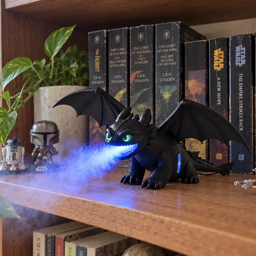 Black dragon humidifier with glowing green eyes on collector shelf