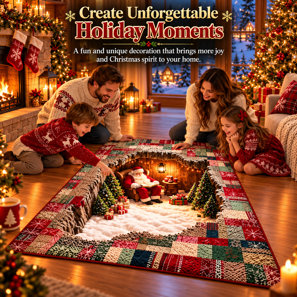 🔥HOT SALE🎅3D Optical Illusion Christmas Village Rug – Hidden Santa Winter Wonderland ✨
