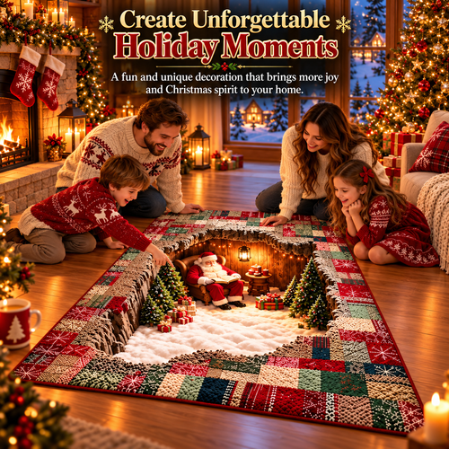 🔥HOT SALE🎅3D Optical Illusion Christmas Village Rug – Hidden Santa Winter Wonderland ✨