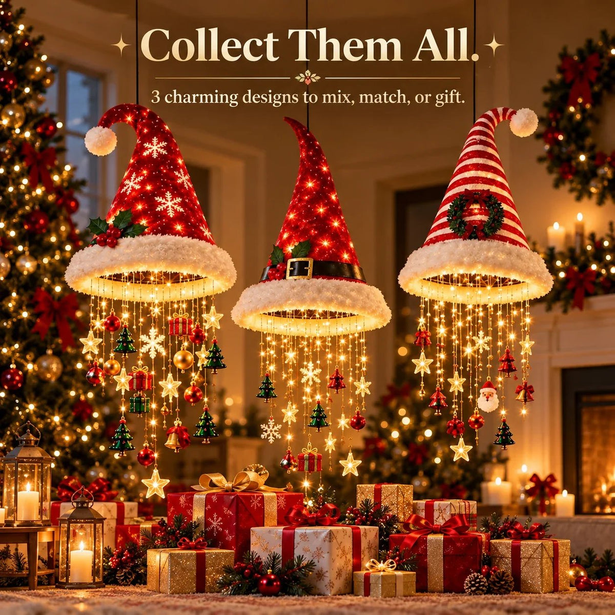 🎄🎅Santa Hat LED Hanging Light - A classic Santa hat raining warm fairy lights & Christmas charms