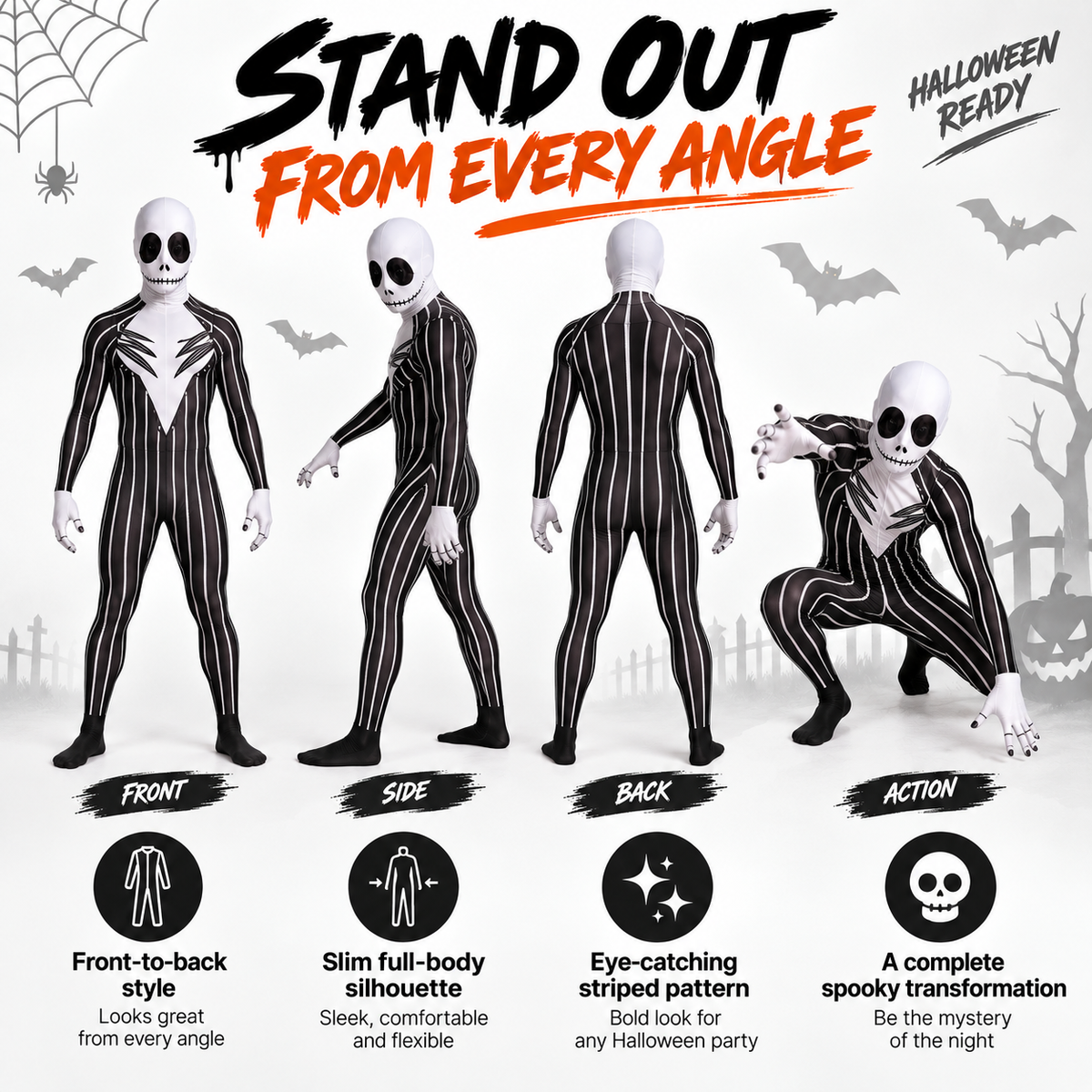 🎃 Full-Body Striped Skeleton Halloween Costume – Spooky Stretch Jumpsuit for Parties & Cosplay