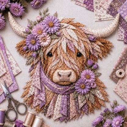 ⏰LAST DAY 49% OFF - 🐮💐🌸 Birth Flower Highland Cow 3D Layered Fabric Art DIY Kit | Complete Kit Included ✂️ Pre-Cut Pieces • Glue or Stitch Your Way • Create a Cozy 3D Highland Cow Decor 💕