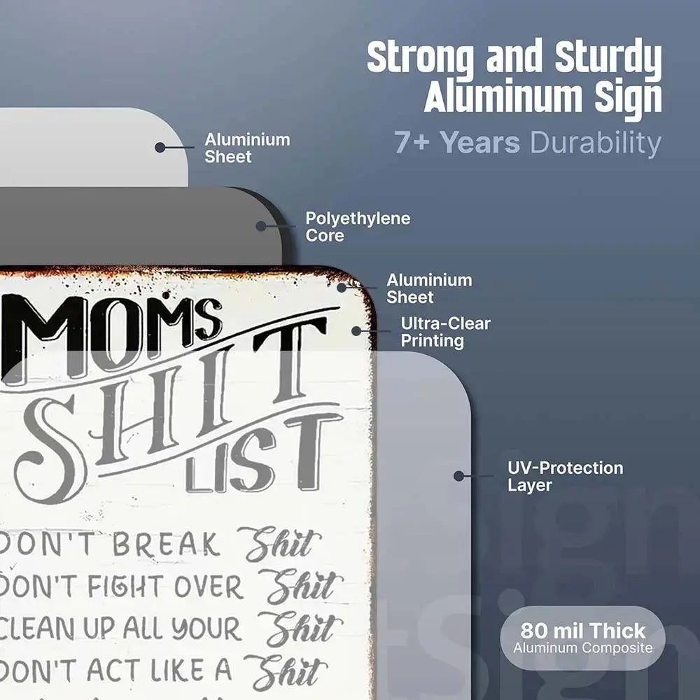 Vintage Metal Sign, Mom'S Shit List Sign, Don'T Make Me Lose My Shit, Retro Rustic Patio Home Decor Gift Metal Print Present