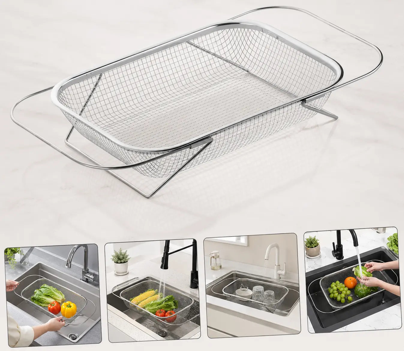 Stainless Steel Expandable Over-The-Sink Colander Strainer Basket