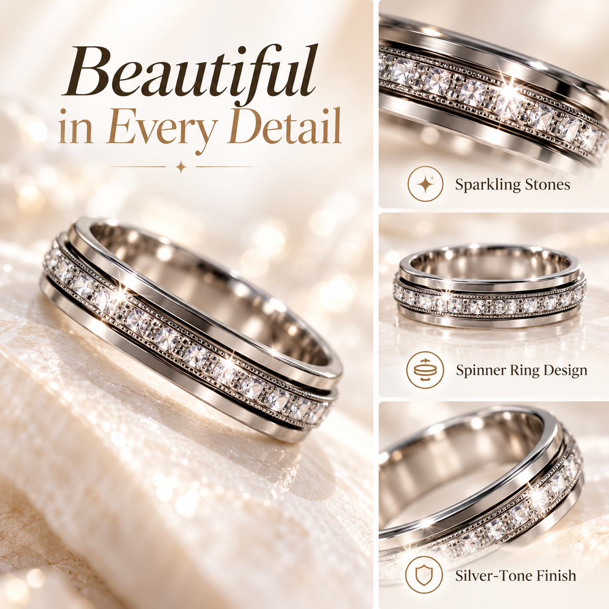 ✨ Sparkle Spinner Fidget Ring – Stylish Rotating Ring for Busy Hands 💍