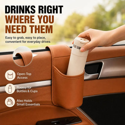 Leather car door storage pocket - double-layer compartments