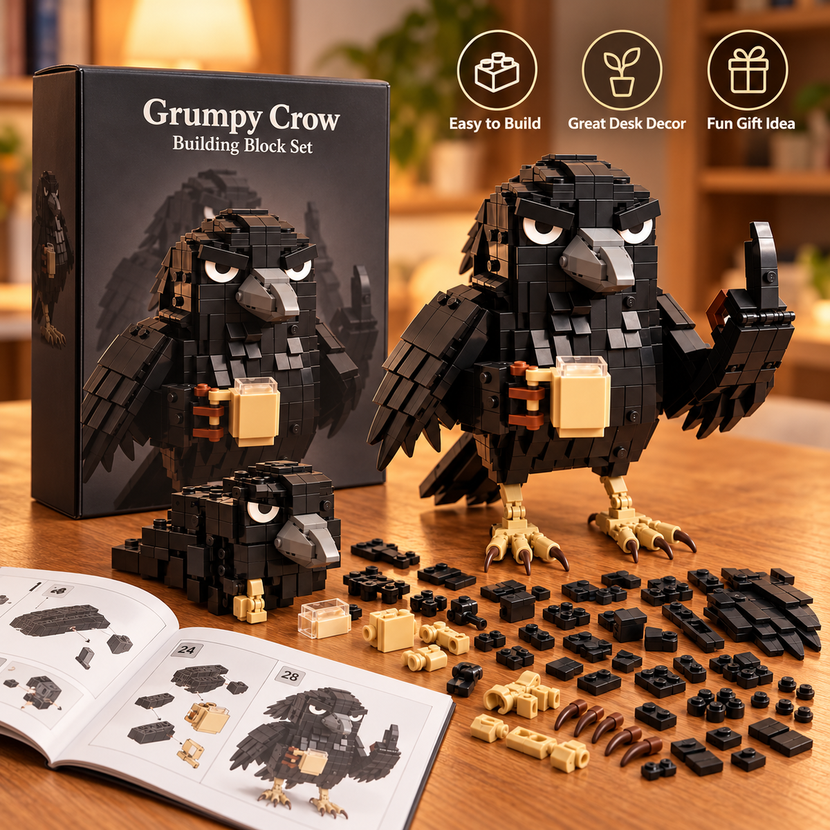 🐦 Grumpy Crow Building Block Set – Funny Coffee-Loving Desk Buddy ☕🧱