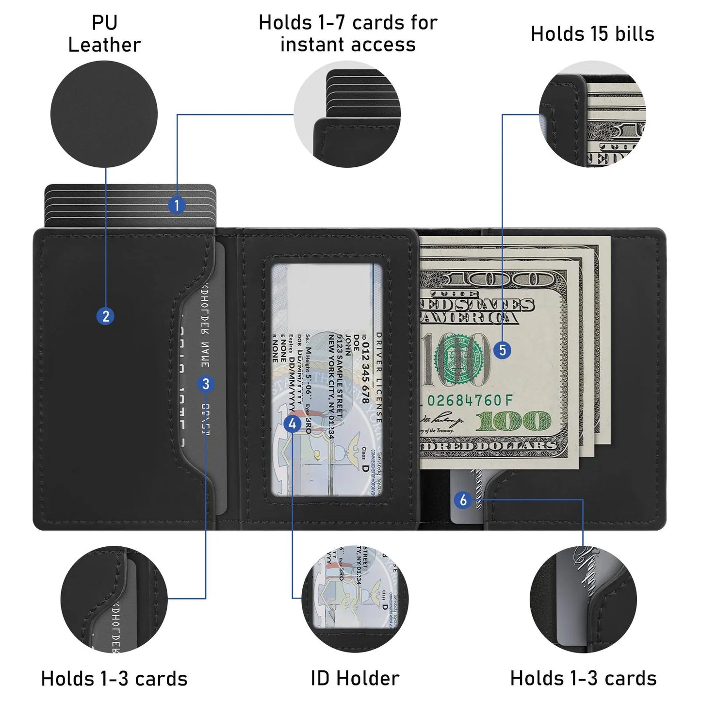Portable Leather Smart Wallet RFID Blocking Slim Minimalist 6-9 Card Capacity ID Window Cash Slot Ultrathin Design for Everyday Carry