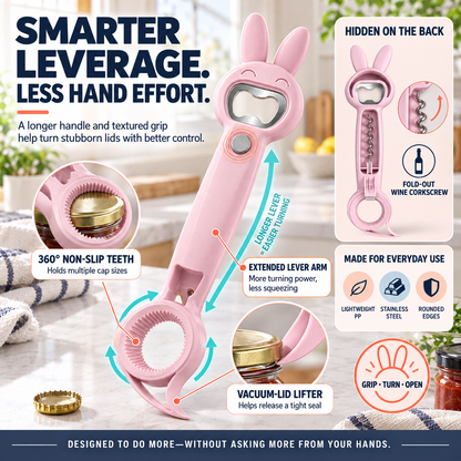 🔥🐰 6-in-1 Magnetic Rabbit Opener – Jar, Bottle, Can & Wine Opening Tool