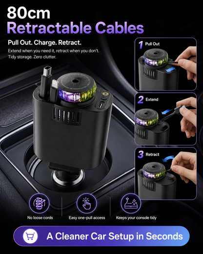 45W Retractable Car Charger | Dual Cable All-in-One Car Charger