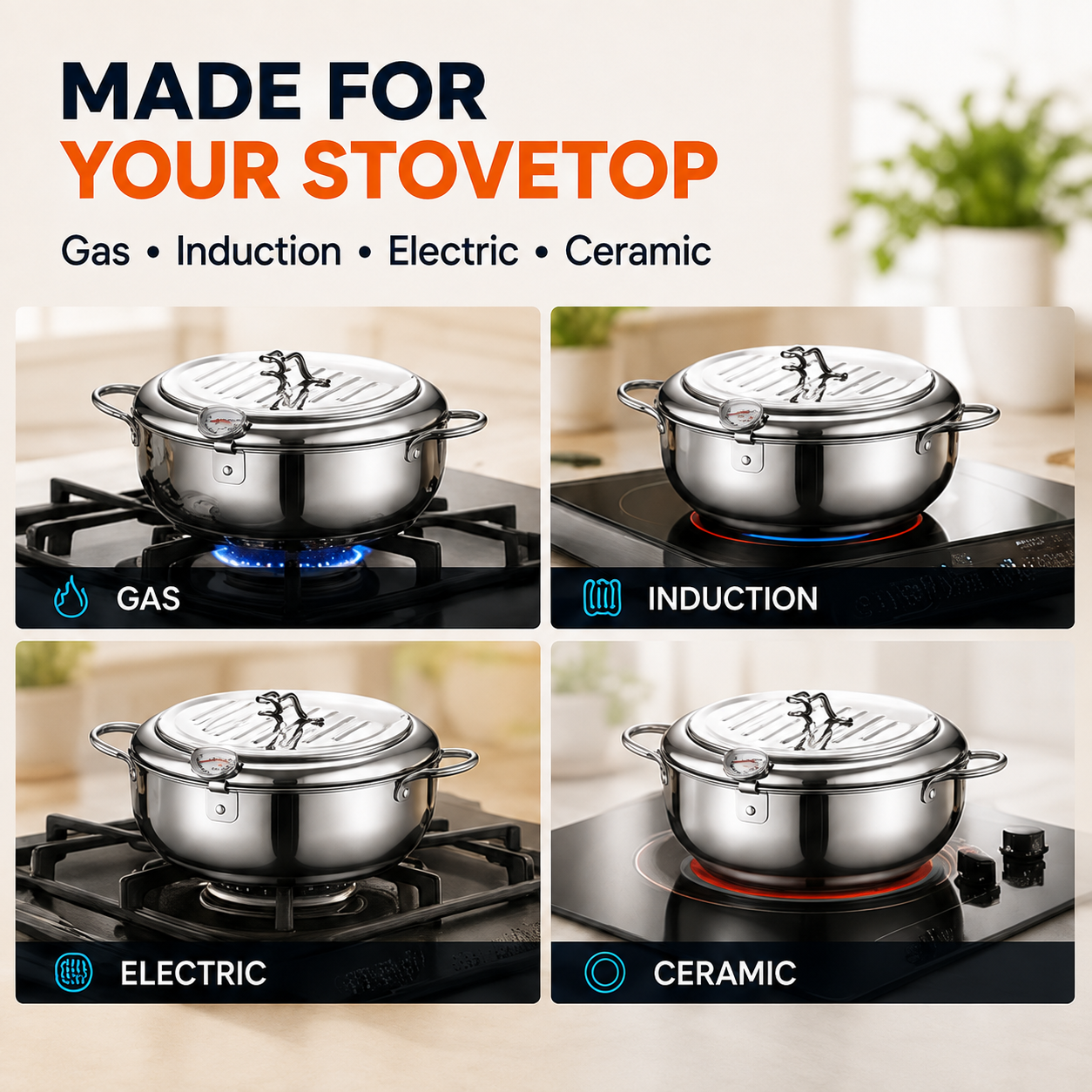 ⚡304 Stainless Steel Stovetop Deep Fryer Pot – With Thermometer