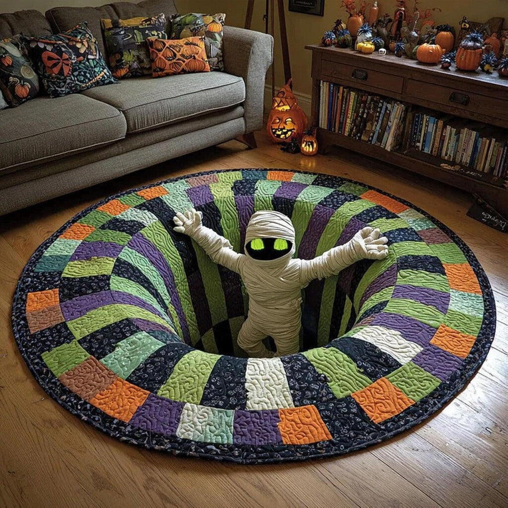 🎃 3D Optical Illusion Skeleton Vortex Quilted Round Halloween Rug