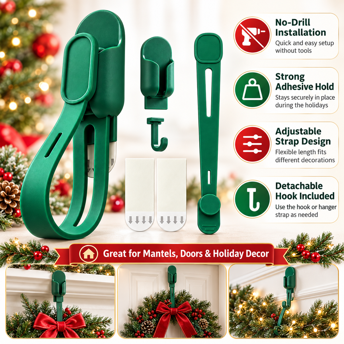 ✨🎄 6ps-Adjustable Christmas Wreath Hanger – Peel, Adjust & Hang Holiday Décor with Ease 🎄✨
