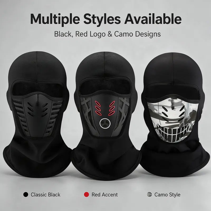 Black, red-accent and camouflage full-face balaclava design options