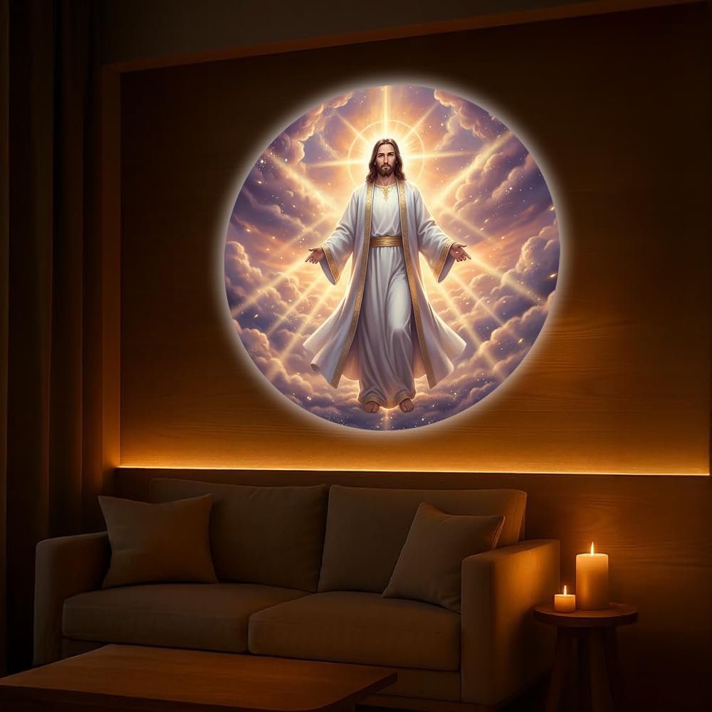 Radiant Jesus image projected on a wall in a calm room