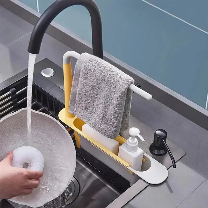 🧽 Adjustable Telescopic Sink Caddy – Drainable Organizer with Towel Bar