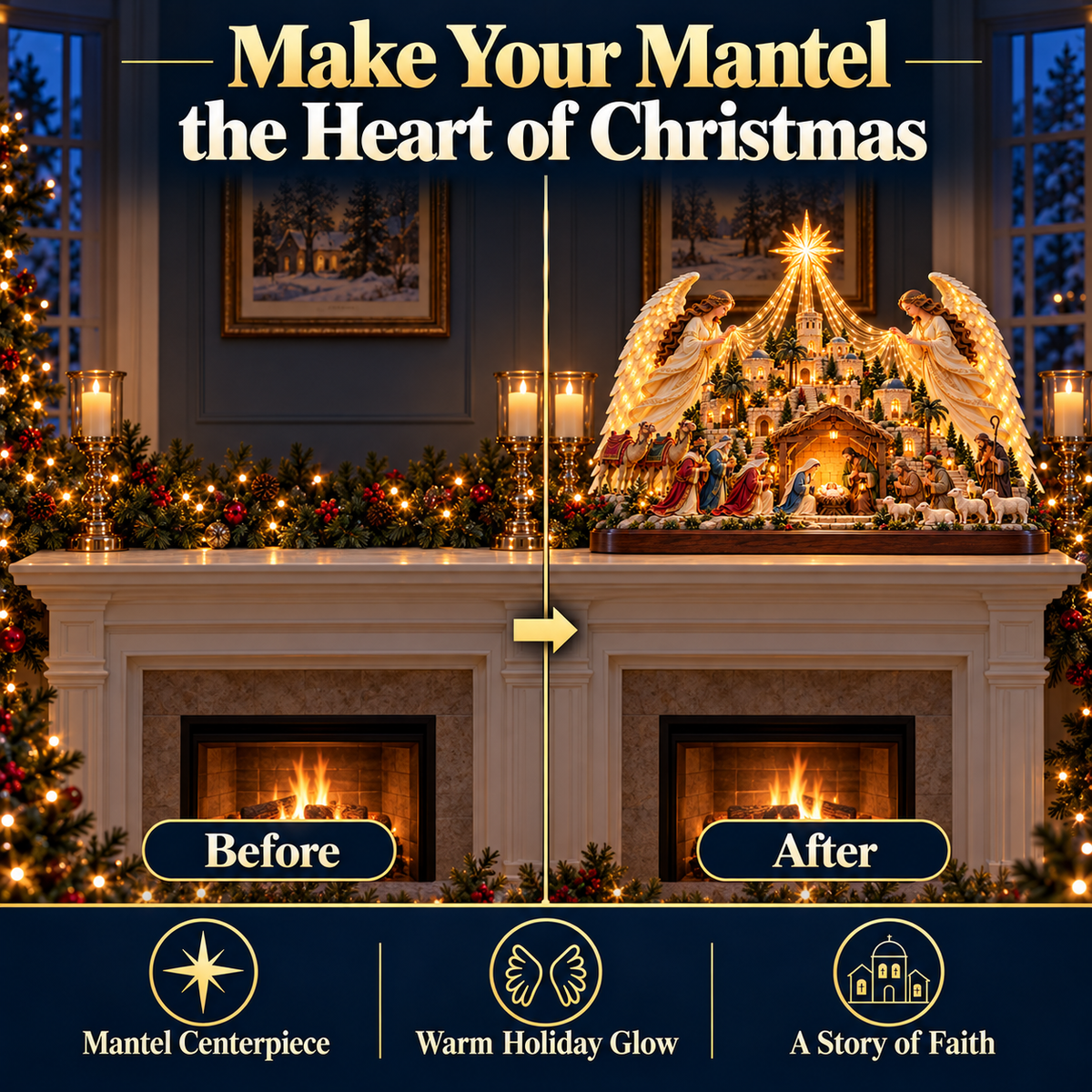 🎄✨ 3D Lighted Angel Nativity Centerpiece – Meaningful Christmas Mantel Decor✨