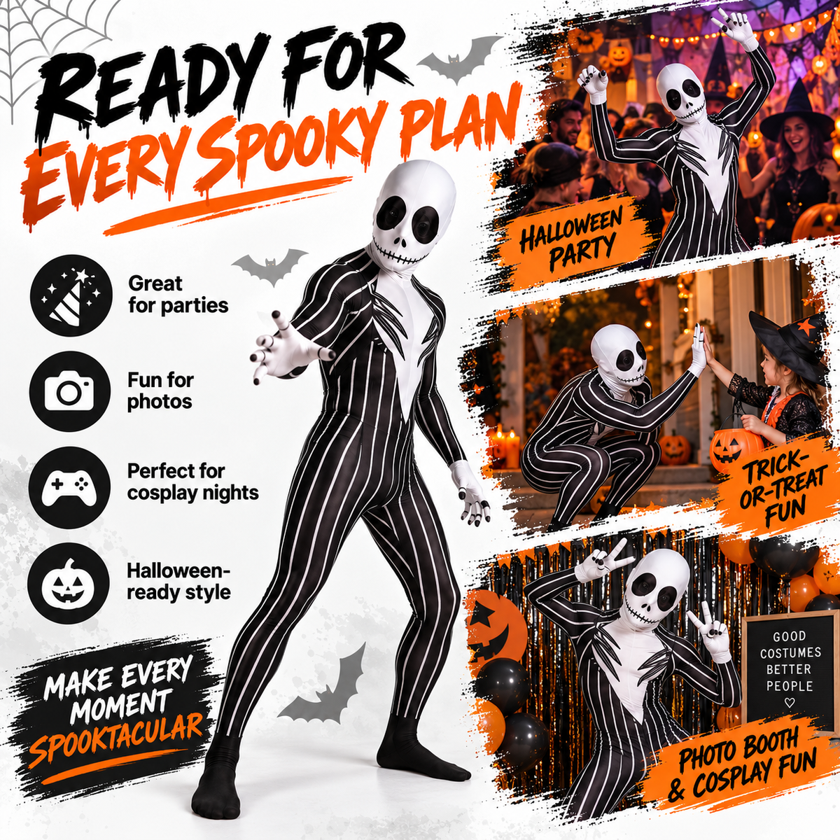 🎃 Full-Body Striped Skeleton Halloween Costume – Spooky Stretch Jumpsuit for Parties & Cosplay