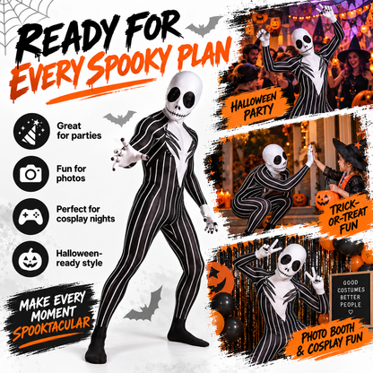 🎃 Full-Body Striped Skeleton Halloween Costume – Spooky Stretch Jumpsuit for Parties & Cosplay