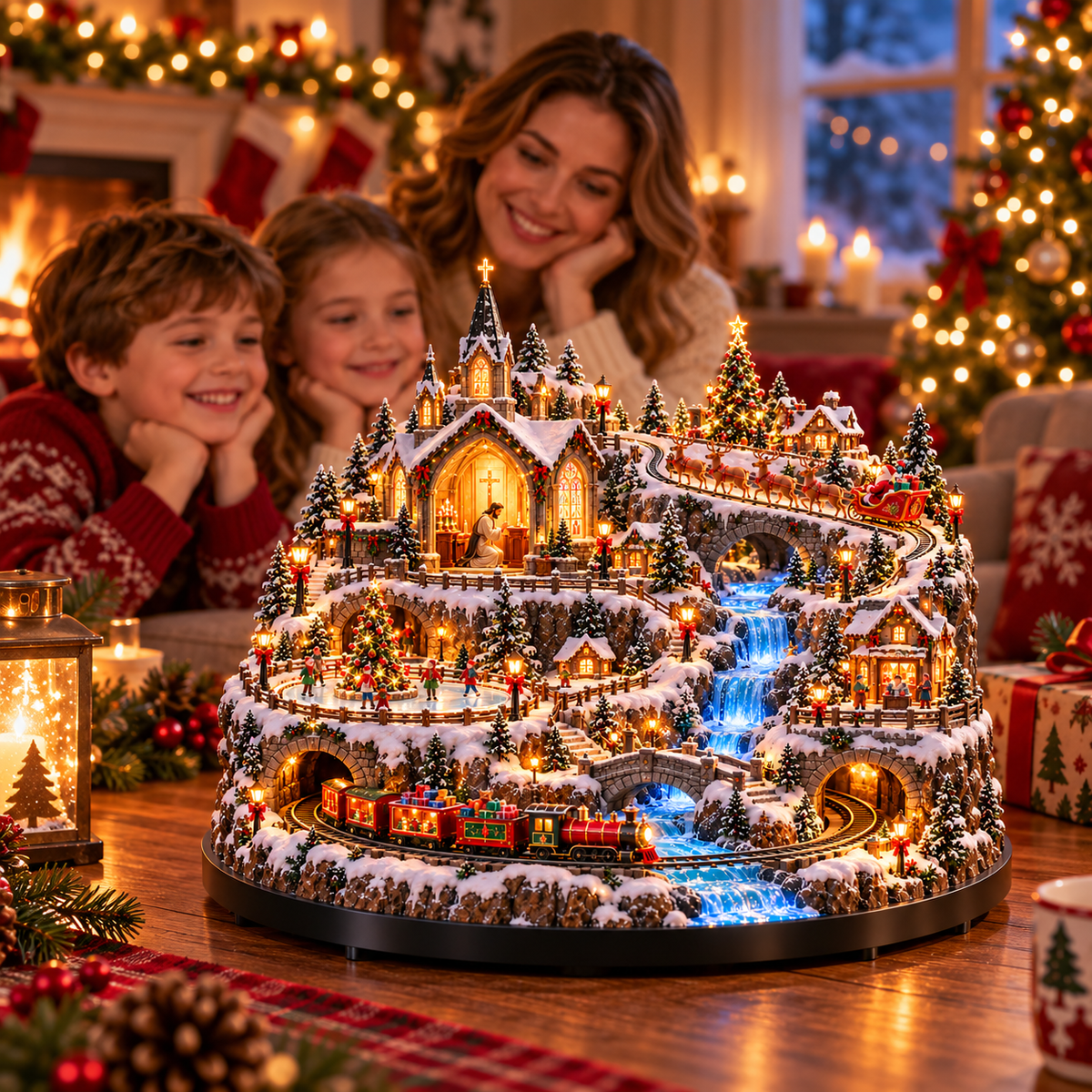 Lighted Animated Christmas Village with Train, Reindeer Sleigh & Waterfall ✨