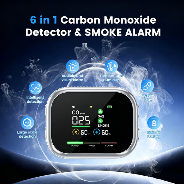 ⚡Smart 6-in-1 Gas Detector – CO Smoke & Gas Leak Alarm With LCD Display