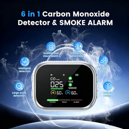 ⚡Smart 6-in-1 Gas Detector – CO Smoke & Gas Leak Alarm With LCD Display