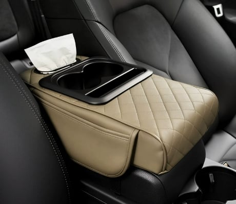 💯Car Console Organizer – PU Leather Armrest, Side Storage, Cup Holder