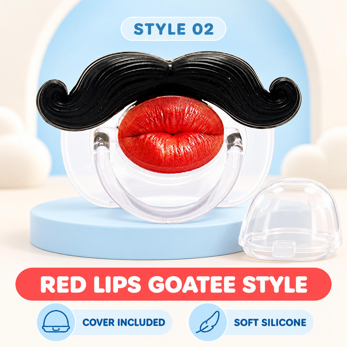 👄 Funny Red Lips Mustache Baby Pacifier – One-Piece Silicone Design with Dust Cover