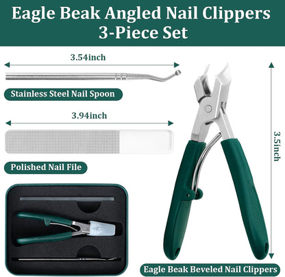 🦅 3Pcs Eagle-Beak Ingrown Toenail Clipper  – Ultra Sharp, Precision 30° Curved Blade, Splash-Proof