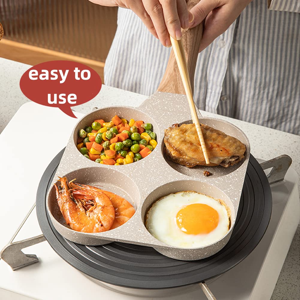 ⏳Hot Sale Multifunctional Egg Frying Pan, 4 Holes Design & Ergonomic Wooden Handle🍳