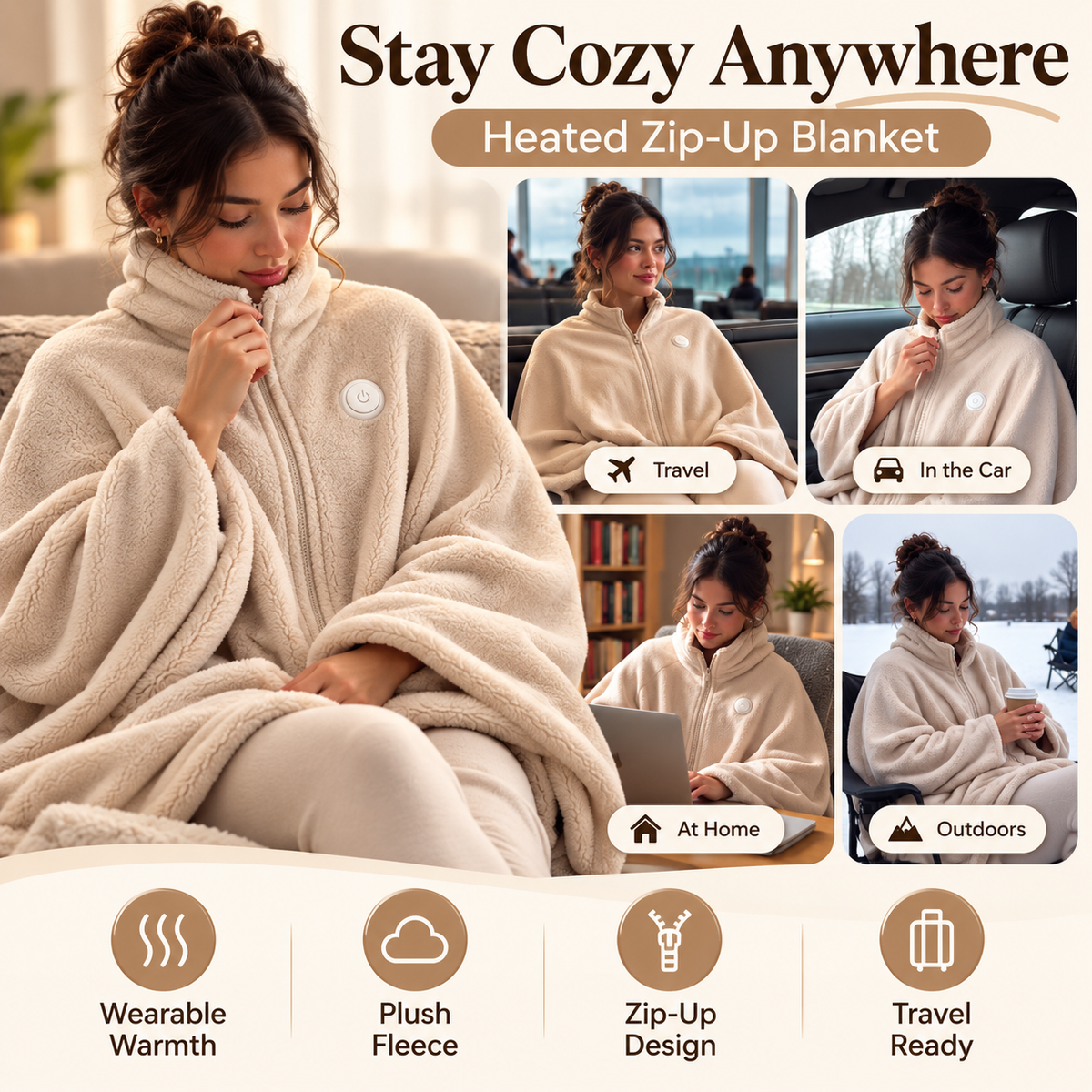 🔥 Wearable Heated Zip-Up Blanket – Ultra-Soft Cozy Winter Shawl