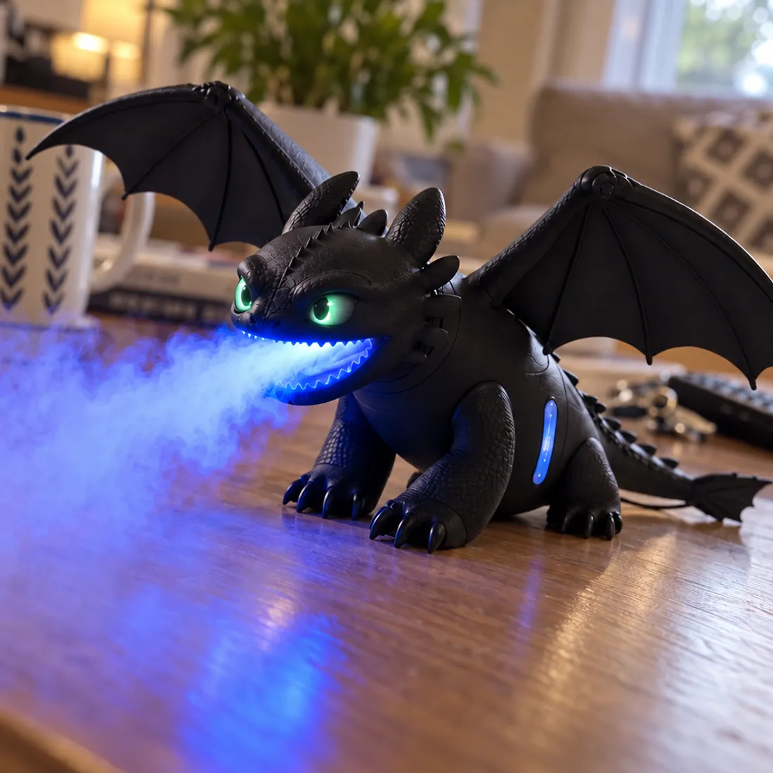 Close view of dragon humidifier breathing blue illuminated mist