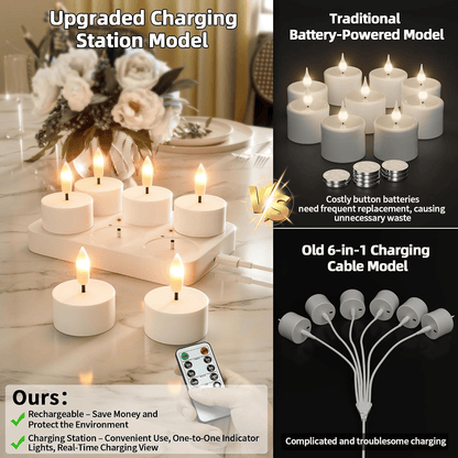 🕯️Rechargeable Flameless LED Tea Lights, Charging Station & Remote Included, Flickering Fake Candles, Safe No Flame Candle for Home, Wedding, Festival & Emergency Lighting